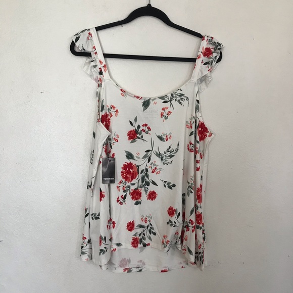 Torrid Super Soft Ivory Floral Lattice Ruffle Top - Picture 3 of 9